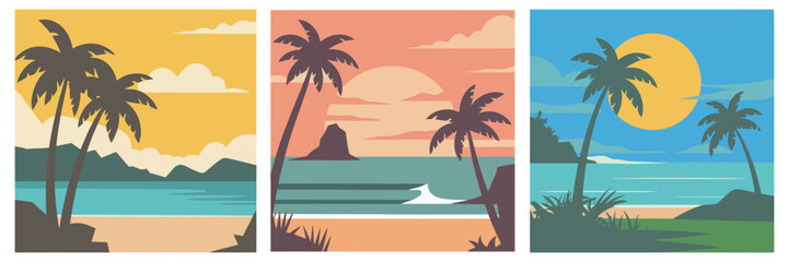 tropical beach landscape vector set palm trees coastline sunset summer vacation ocean scenery illustration perfect for travel nature and paradise design themes, rank title collection for tourism brand © MD FARIDUL
