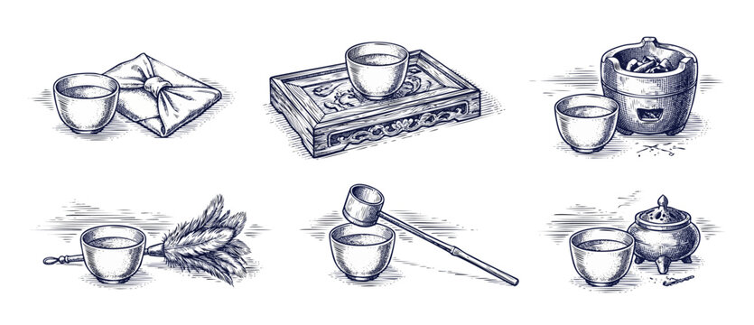 Japanese tea ceremony sketch set featuring traditional tea cups, bamboo ladle, wooden tray, charcoal brazier, incense burner, and ritual feather brush in a vintage hand-drawn engraved woodcut style.