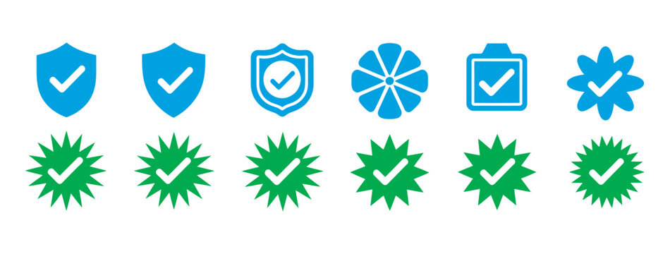 Social media verification icon set vector, blue check mark badges and approved profile symbols for account verification design