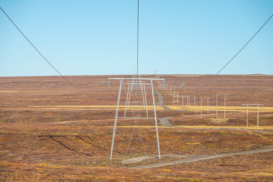 Power lines in the countryside landscape of Iceland