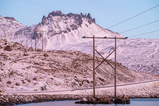 Power line in the mountainous countryside landscape of Berufjordur in Iceland
