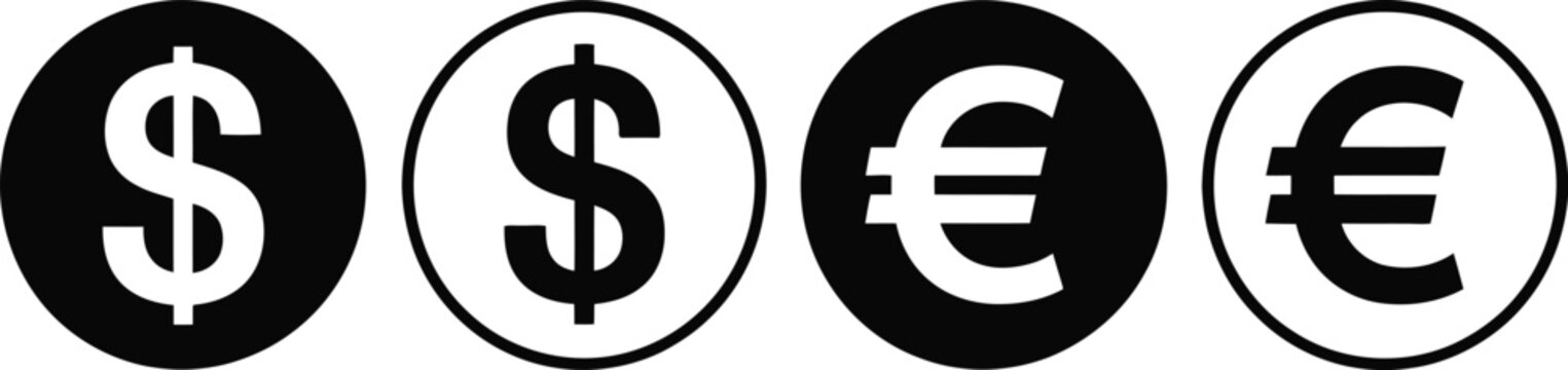 Dollar, and Euro money vector icons collection, currency symbols financial banking payment and commerce graphics for business finance design.