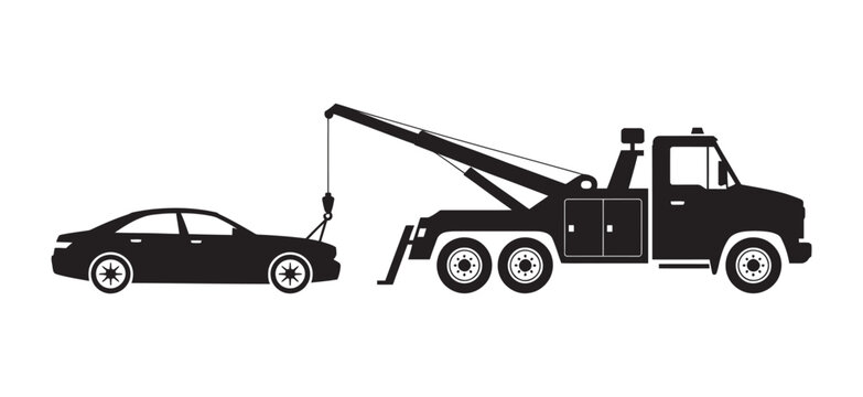 Car tow truck vector illustration, assisting disabled vehicle roadside assistance concept graphic design