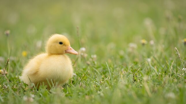 Cute yellow baby duck sitting on spring grass with blurred background and large copy space.
