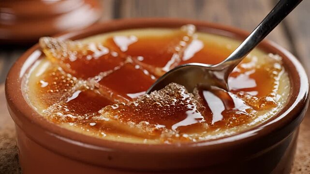Closeup of a spoon cracking the caramelized sugar crust of a crme brle.
