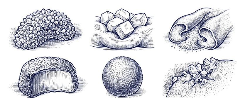Sugar Crystals Vintage Engraving Set featuring collection of hand drawn sugar cubes sweets and rock candy illustrations in classic woodcut sketch style for food design packaging and retro culinary art