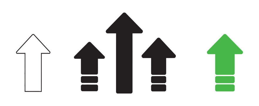 Growth arrow vector icon set, level up upgrade and upward progress symbols for financial increase and success illustration design