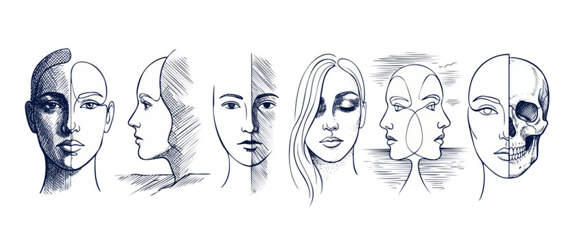 Mental health line art faces illustrating psychology concepts, split personality, and inner ego. Minimalist hand drawn female profiles, skull, and Janus duality illustrations on white background.