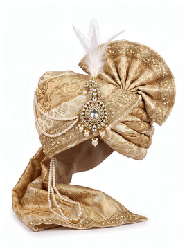 Traditional Indian groom gold wedding turban safa decorated with pearl kalgi jewelry and feather, isolated on white background