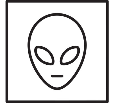 Alien Head Icon with a Minimal Black Outline, Digitally Rendered for a Modern and Straightforward Graphic Design Element.