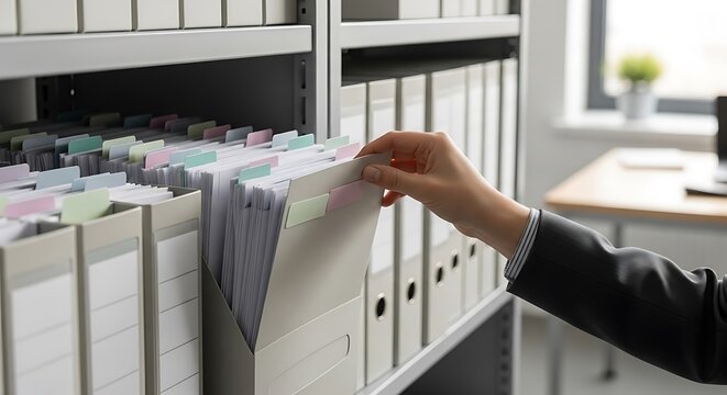 Business person organizing documents in a filing cabinet with grey folders and colorful index tabs in a modern office environment