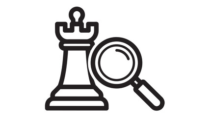 Chess Piece and Magnifying Glass: a Black and White Outline Icon Representing Strategy, Analysis, and Discovery in a Simple, Graphic Illustration. © TAIFUR