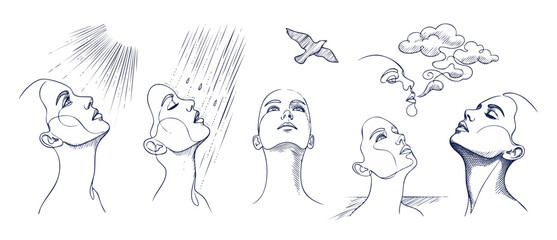 Fototapeta premium Minimalist female face line art set looking up at nature elements, featuring hand drawn sketches of women with sun rays, rain drops, flying bird, and clouds for modern beauty, wellness, and art design