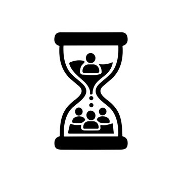 People icons representing generations passing from one era to the next, illustrating the flow of life and human time within an hourglass symbol