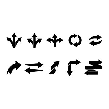 Arrow icon collection displaying diverse vector symbols for navigation, pointing, and guiding decisions, representing concepts of direction, rotation, exchange, and multiple paths