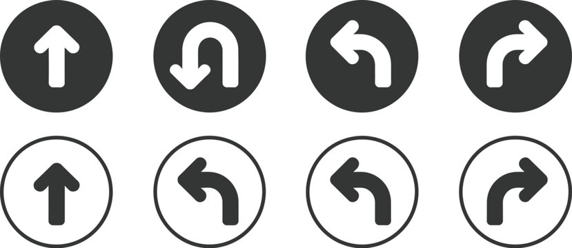 Traffic, direction arrow icon set, go straight U-turn left and right black and white circular road sign symbols for navigation and driving instructions.