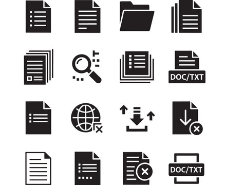 Document Icons on White Background Representing File Types and Actions Featuring Folder, Text, Doc with Txt and Search Elements for Magnifying Glass,