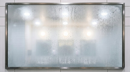 Fototapeta premium Foggy bathroom mirror covered in condensation drops inside a metal frame