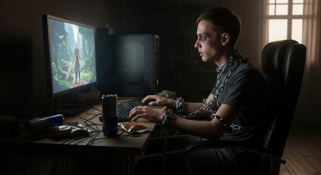 Man chained to computer playing video game. Gamer trapped by obsessive technology addiction. Mental health struggle with online gaming and virtual world dependence. Unhealthy lifestyle.