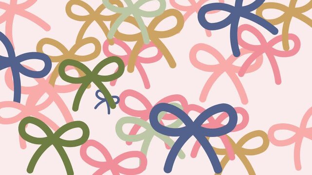 4k footage animation of colourful coquette ribbon seamless pattern, Girly bow aesthetic digital design. Christmas, New Year, birthday, wedding, holiday, gift, present, decoration.