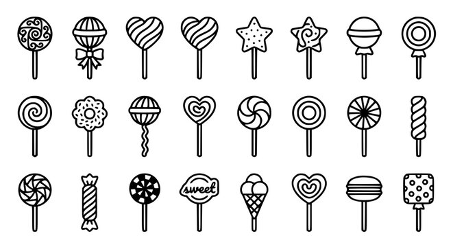 Black candy and lollipop outline icon collection vector illustration
