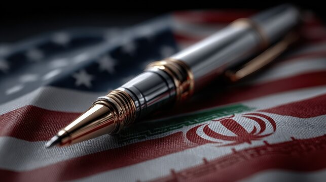 A stunning image of Luxury executive pen resting on an American flag with Iranian flag details, symbolizing international diplomacy and political agreements.