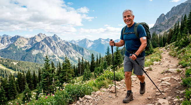 Smiling senior Hispanic man with continuous glucose monitor patch hiking on mountain trail. Active aging and diabetes management concept