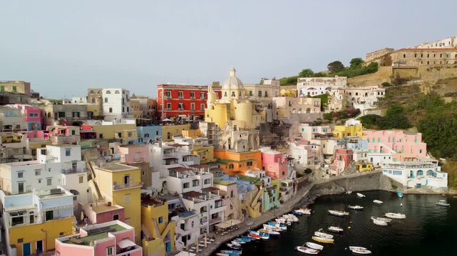 Beautiful aerial view of Procida seaside village and