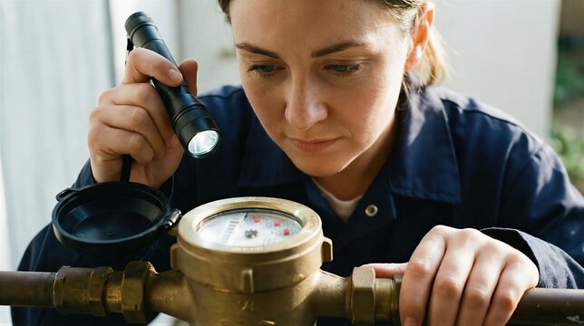Woman plumber technician checking water meter reading with flashlight. Professional worker inspecting utility equipment for maintenance and repair. Service industry and house infrastructure.