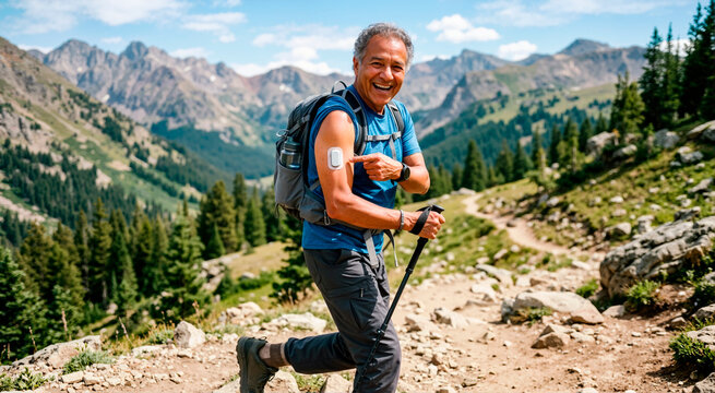Cheerful senior Hispanic man pointing to continuous glucose monitor patch on arm while hiking in mountains. Active lifestyle with diabetes concept