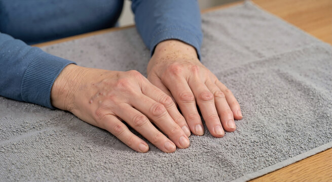 Close up of elderly hands with severe rheumatoid arthritis resting on a towel. Swollen joints and skeletal deformity from chronic arthrosis. Geriatric disease concept