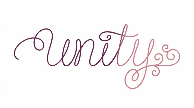 Unity word written in elegant cursive script with decorative flourishes in a gradient pink and purple color palette on a plain white background