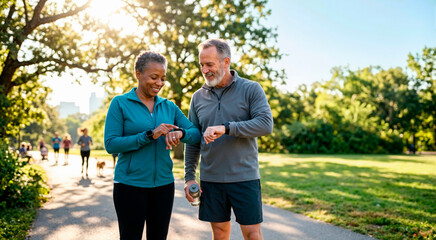 Obraz premium Diverse senior couple checking smartwatches while exercising in a sunny park. Active aging and healthy lifestyle concept