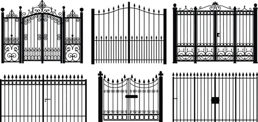 Obraz premium Black metal gate designs, ornate iron fences, decorative gateways, vector illustrations, 6 elements