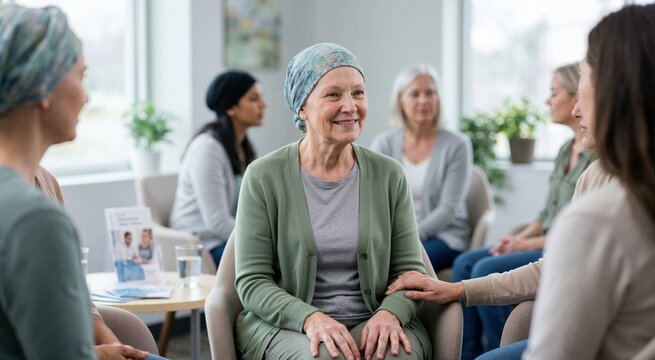 Senior woman with headscarf smiling in cancer support group meeting. Female patient receiving comfort and empathy from peers during therapy session. Oncology and healthcare community concept