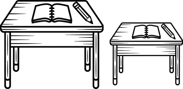 Wooden school desks with books and pencils, educational furniture, classroom illustration, vector graphics