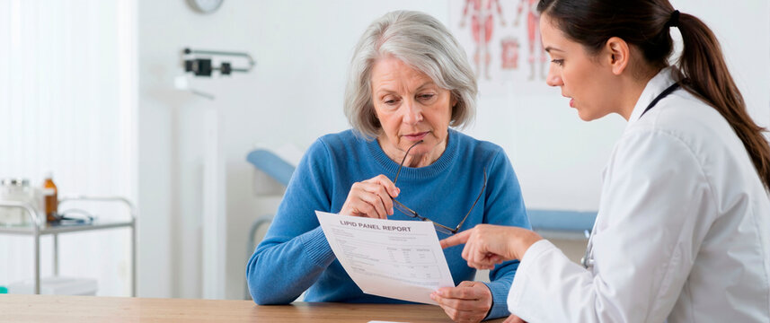 Female doctor explaining lipid panel report to concerned elderly patient. Senior woman discussing cholesterol test results with physician in medical clinic