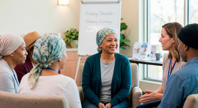 Older woman wearing a headscarf smiling in a cancer support group meeting. Diverse patients and facilitator sitting in a circle at an oncology clinic. Psychological therapy and recovery concept