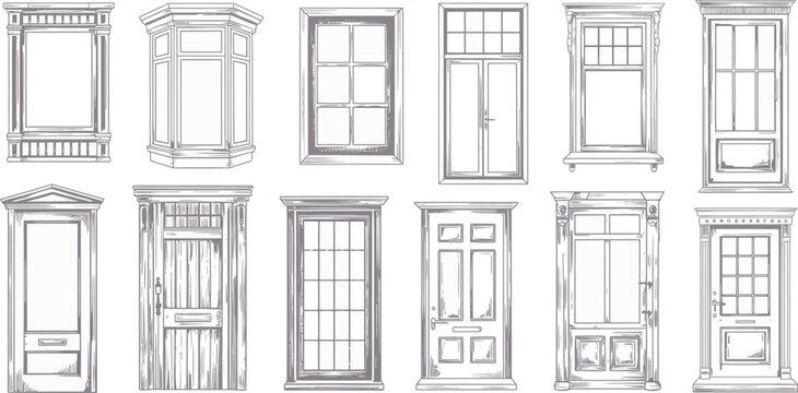 Architectural door and window designs, vector illustrations, building elements, construction details