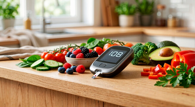 Modern digital glucometer displaying blood sugar level on kitchen counter. Smart glucose monitor surrounded by fresh healthy fruits and vegetables. Diabetes management and nutrition concept