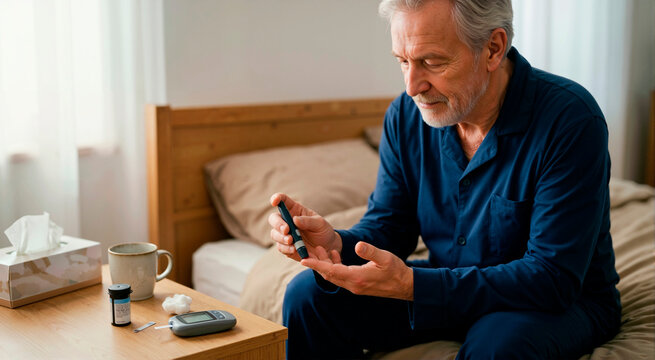 Senior man checking his blood glucose level with a lancing device at home. Elderly male diabetic patient monitoring blood sugar in the morning. Metabolic health and diabetes management concept