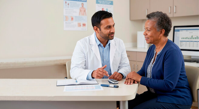 Male doctor discussing blood sugar management with senior female diabetic patient in clinic. Medical consultation with glucose meter on desk