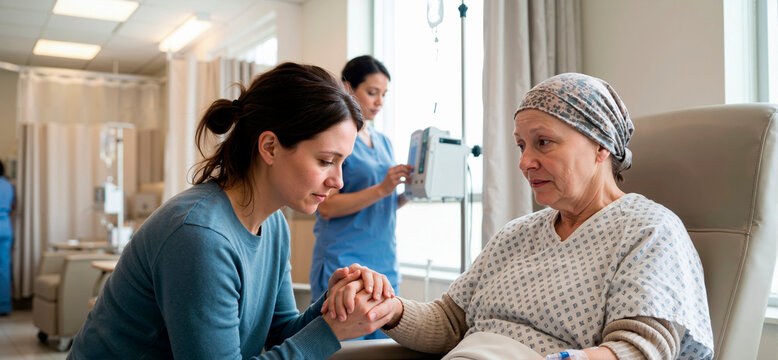 Daughter holding hands with senior mother receiving chemotherapy in hospital. Family supporting elderly female cancer patient during iv infusion treatment. Healthcare and oncology care concept