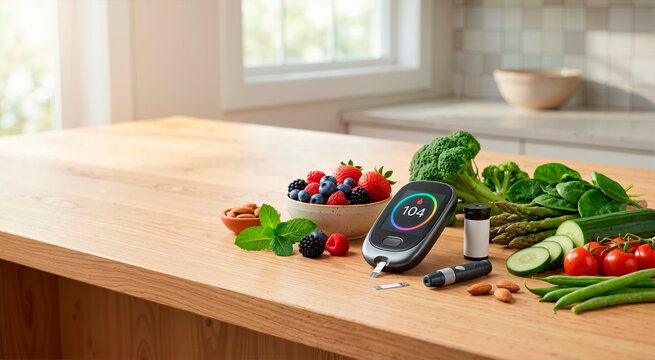 Smart digital glucometer with lancing device on wooden kitchen counter. Blood sugar monitor surrounded by fresh healthy food. Diabetes control and healthy diet concept