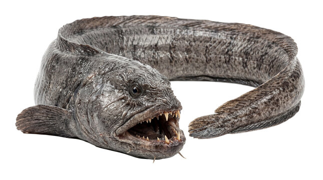 Ancient ocean hunter, a formidable wolffish, coiled and ready, unveils its jagged teeth in a striking display