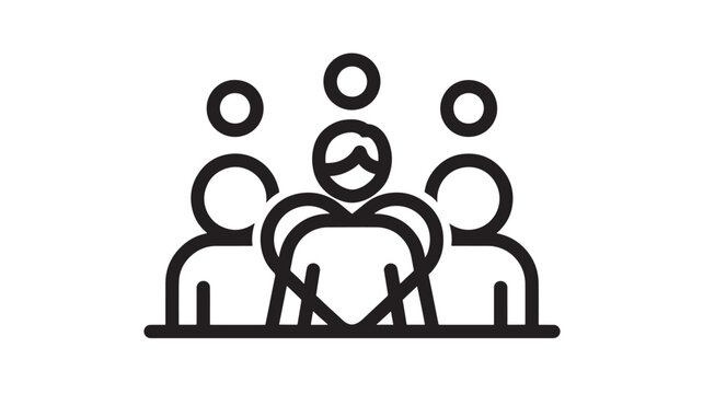 People Group Icon with Heart Gesture Symbol, Simple Black Outline on White Background for Community and Care Concepts