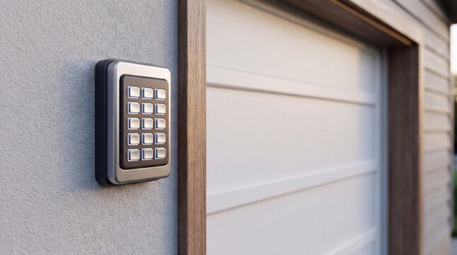 Garage keypad entry, Blank access panel, Residential security detail, Modern garage frame, Smart home entrance, Selective focus