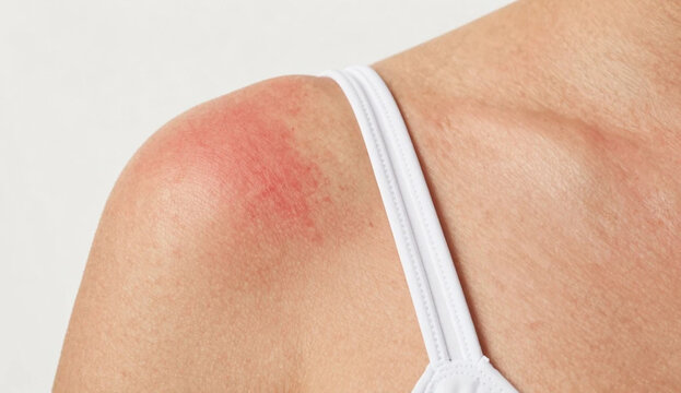 Close-up of red sunburnt skin with white tan line from swimsuit strap.