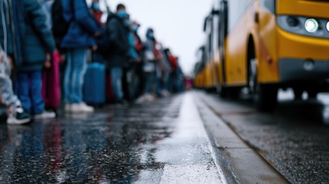 urban travel chaos, busy bus terminal during virus outbreak, travelers in masks with luggage, rainy reflections for moody atmosphere, urban textures, sharp news aesthetic