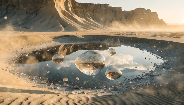 Hyper-Realistic 8K Cinematic Shot of Surreal Floating Liquid Drops Over an Arid Desert Sinkhole Lake